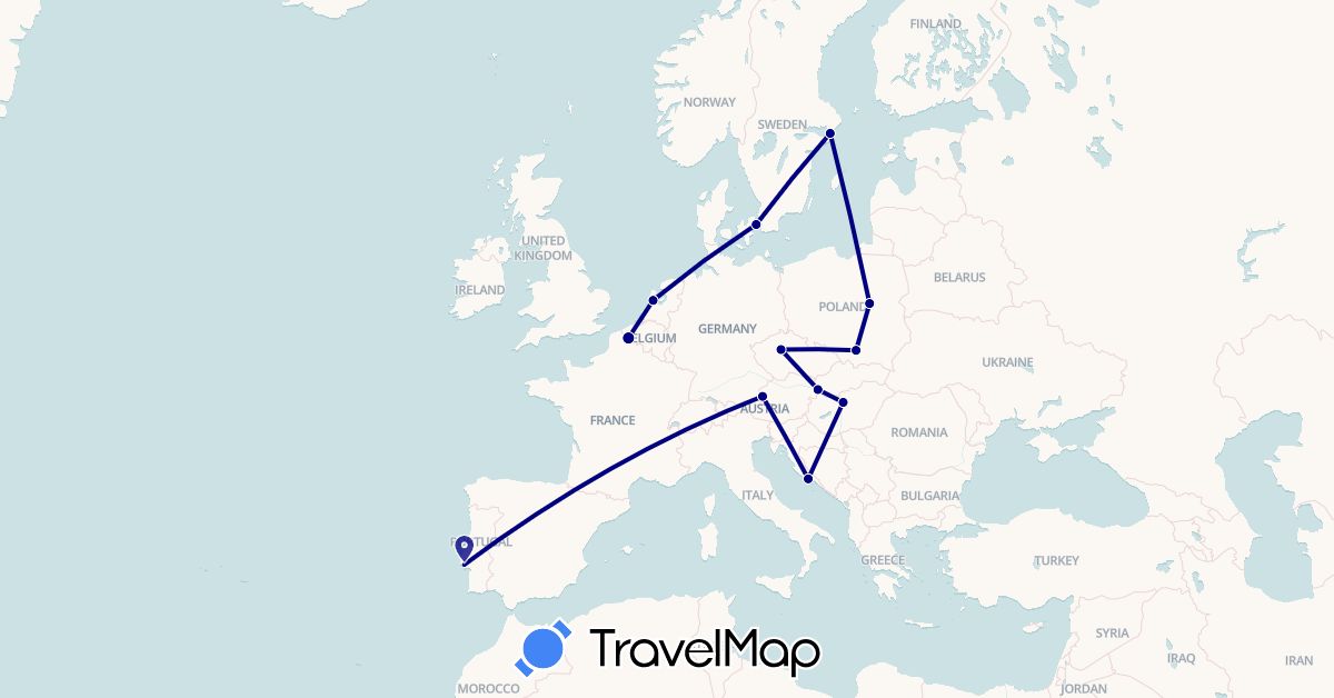 TravelMap itinerary: driving in Austria, Czech Republic, Denmark, France, Croatia, Hungary, Netherlands, Poland, Portugal, Sweden, Slovakia (Europe)